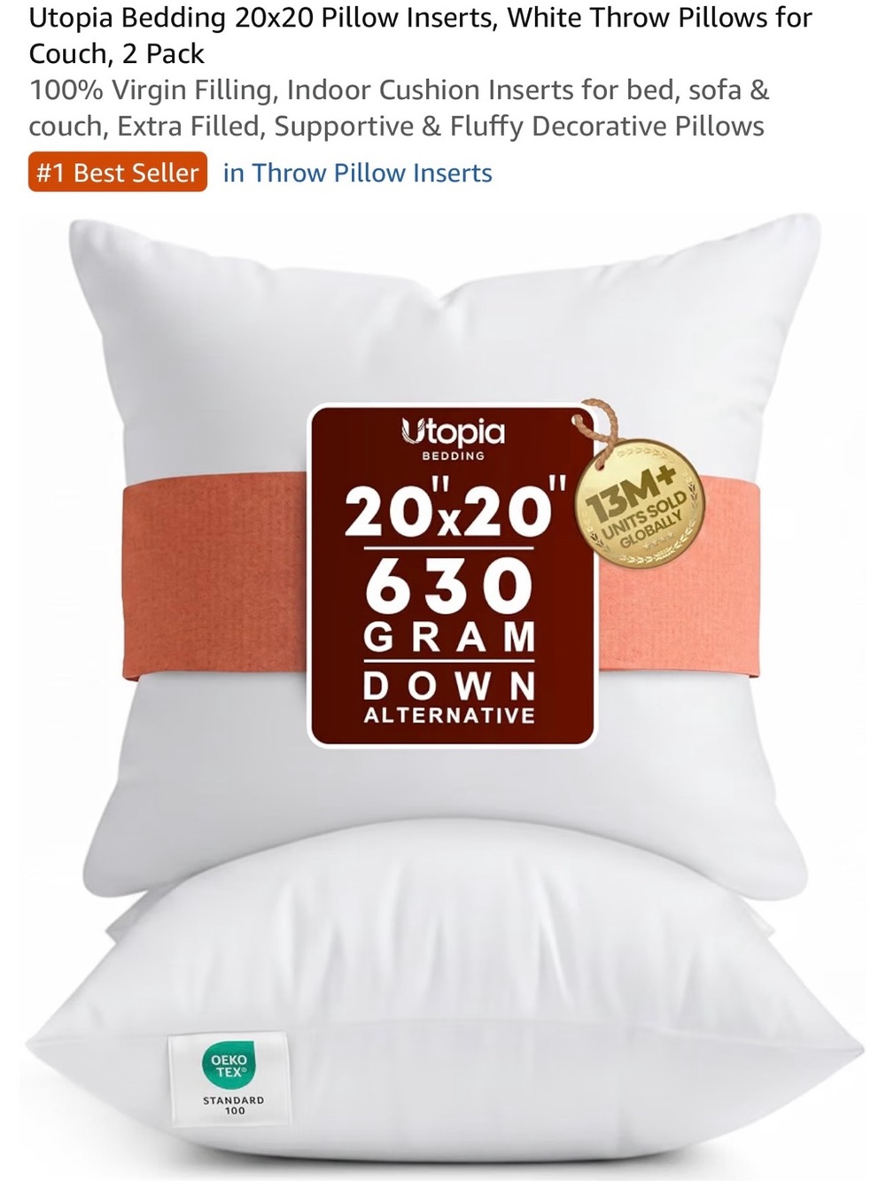 20x20 White Throw Pillow Insert - Plush Supportive Cushion - NIB
